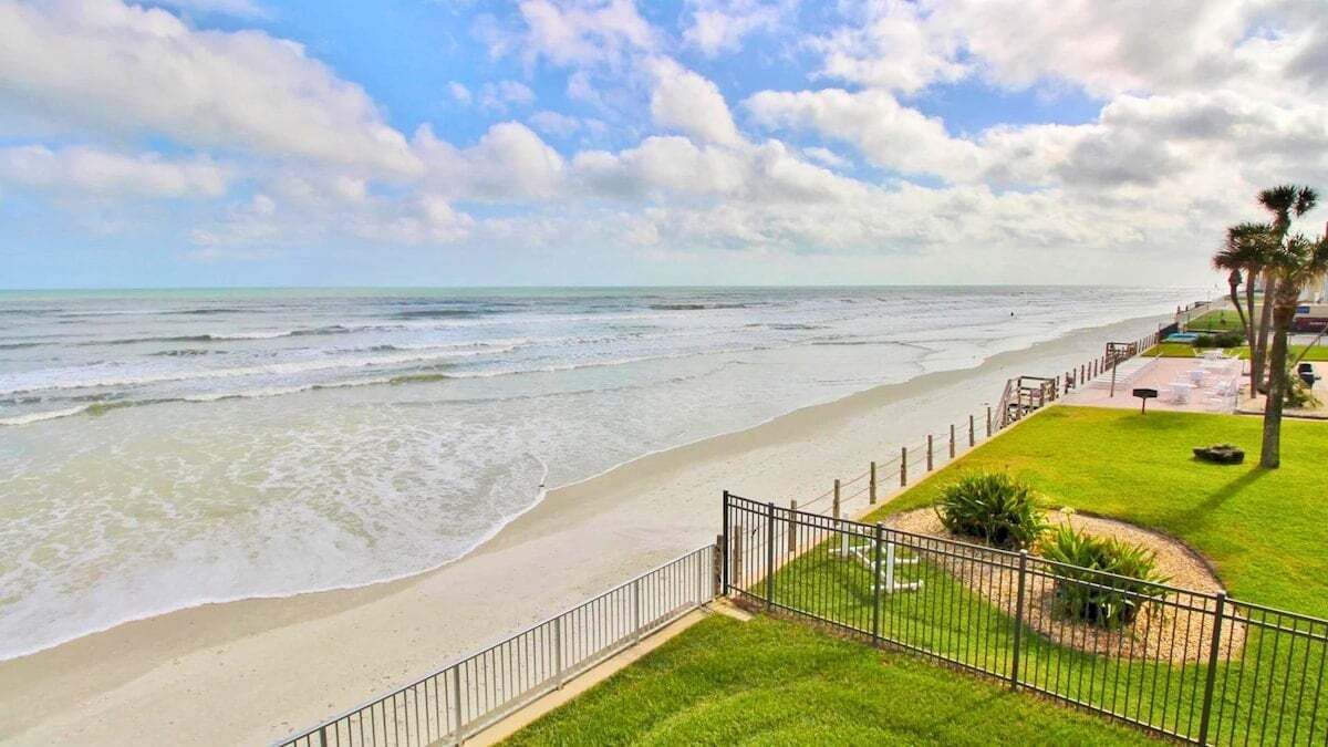 A beach view with a fenced area, palm trees, and a grassy lawn.