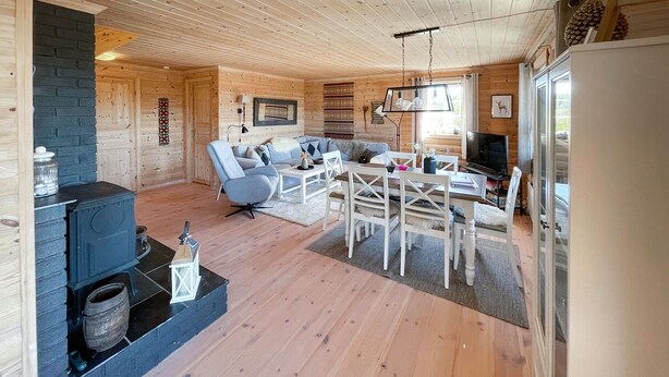 Un interior de cabaña acogedor con chimenea, paredes de madera, un sofá, una mesa de comedor y un televisor.