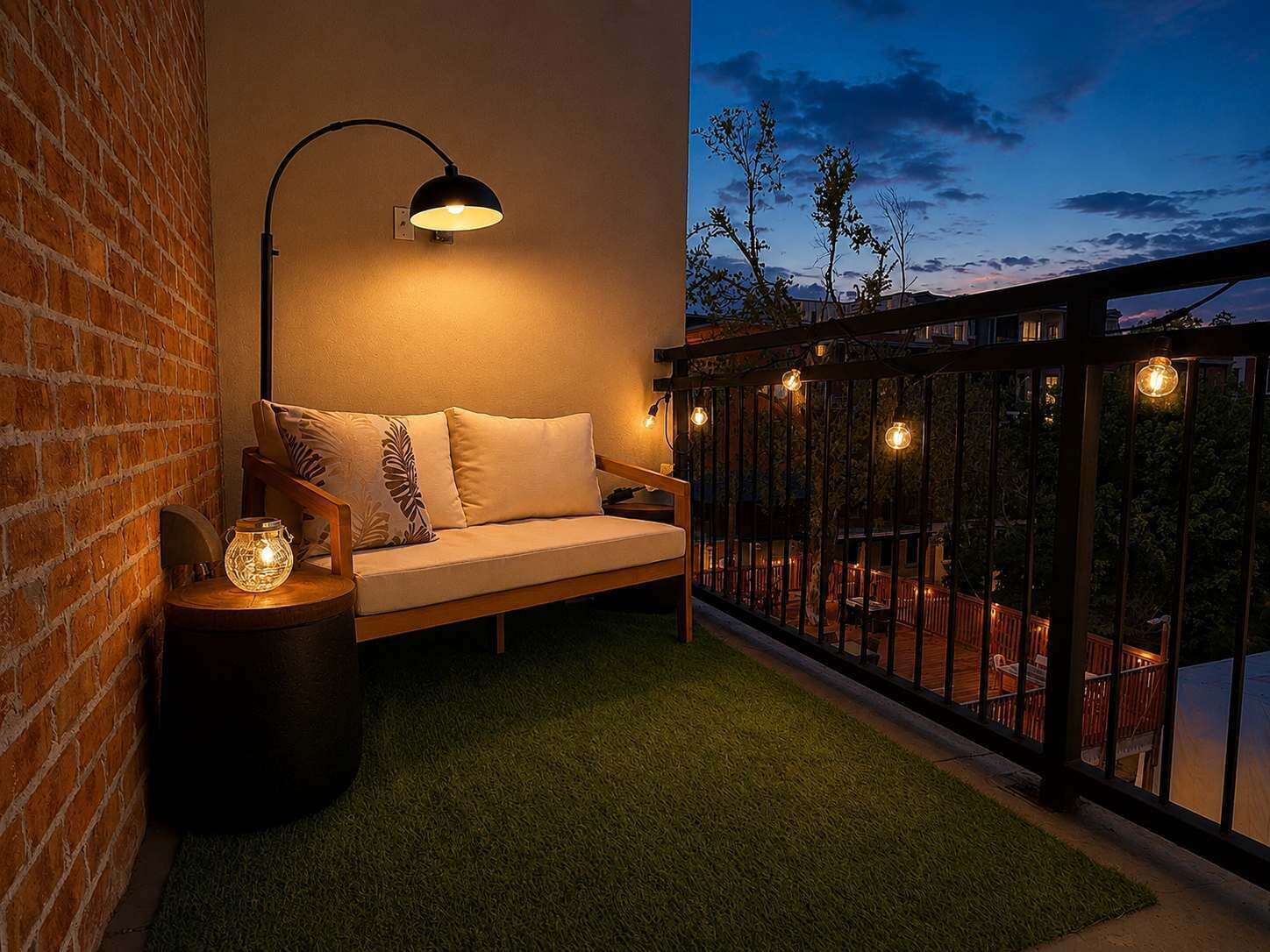 A balcony with a sofa, a lamp, and decorative lights.