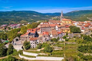 A historic town with stone buildings, a church, and a prominent tower. - Villa Lapis with private Pool, Buzet, Croatia (Buzet)