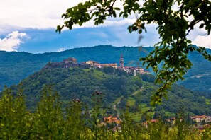 A historic town with a prominent church and a bell tower on a hill, surrounded by lush greenery. - Villa Lapis with private Pool, Buzet, Croatia (Buzet)