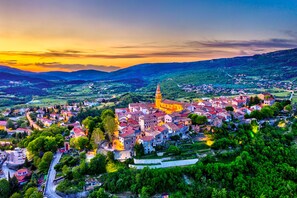 A town with a prominent church and surrounding residential buildings. - Villa Lapis with private Pool, Buzet, Croatia (Buzet)