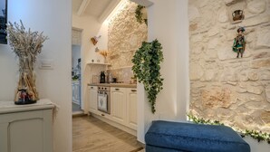 A modern kitchen with white cabinets, a stone accent wall, and a hanging plant.