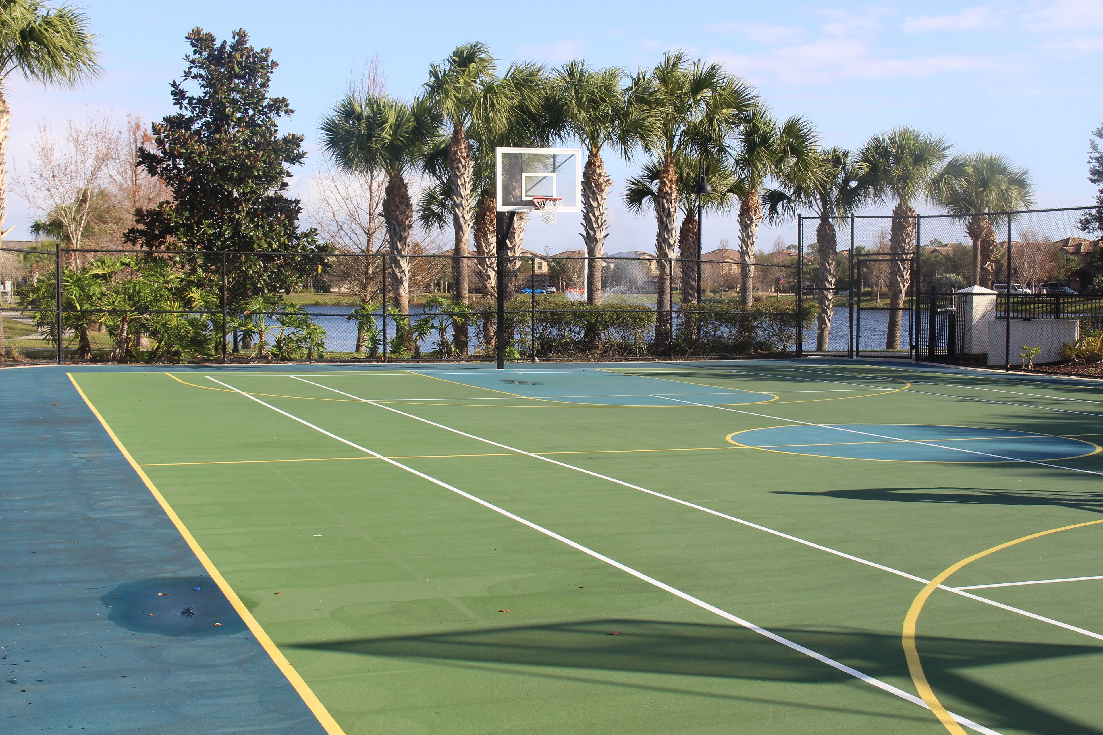 Un terrain de basket en plein air, avec un plan d’eau et des palmiers en arrière-plan.