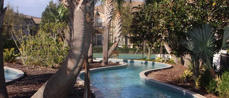 Outdoor pool, pool umbrellas, pool loungers