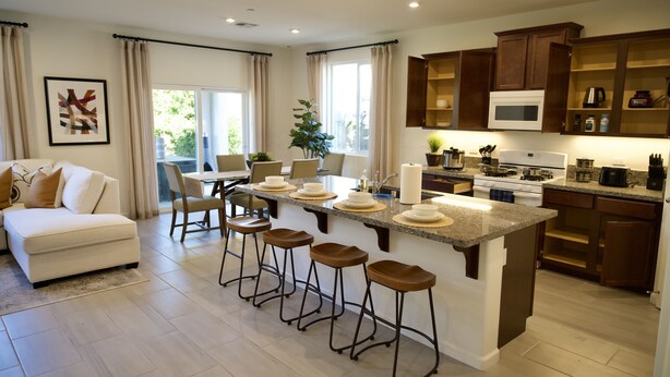 A modern kitchen with a central island, bar stools, and a dining area with a table and chairs. - New 3B Home / near Sequoia, EV, +More (Visalia)