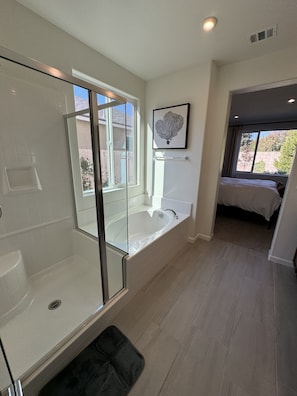 Jetted tub, hair dryer, bidet, towels