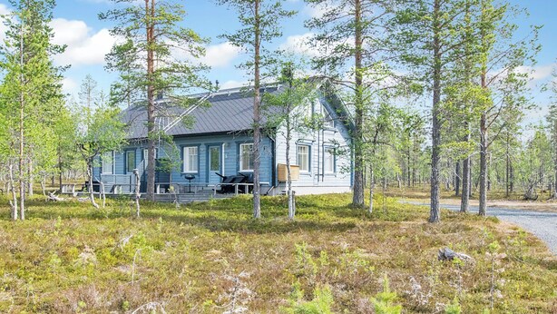 A rustic cabin with a porch, surrounded by a forested area.