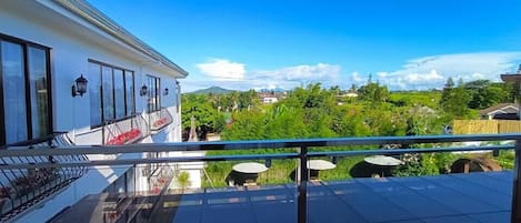 A balcony with a view of a residential area, including houses and greenery.