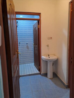 Shower, towels, soap, toilet paper