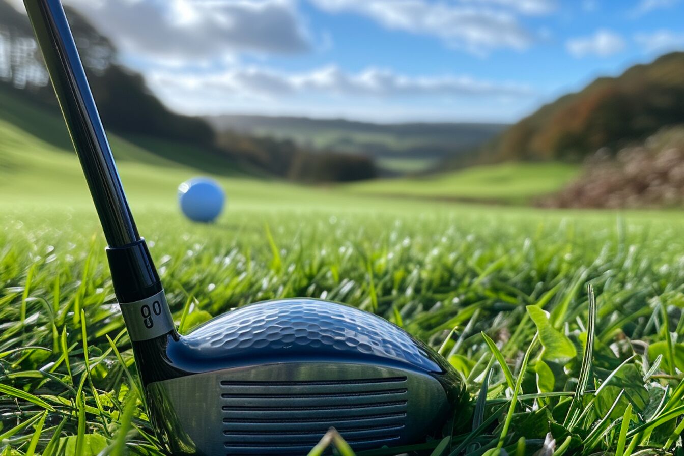 Een golfclub op een grasveld, met een golfbal op de achtergrond.