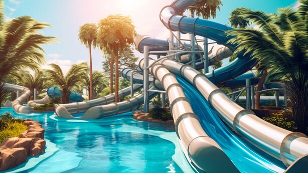 Parque acuático con varias toboganes y piscinas rodeado de palmeras.