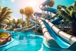 Un parc aquatique doté de nombreux toboggans et de plusieurs piscines, le tout entouré de palmiers.