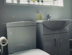 A bathroom with a toilet, sink, and cabinet. - Remarkable 3-bed Ground Floor Apartment - Coventry (Coventry)
