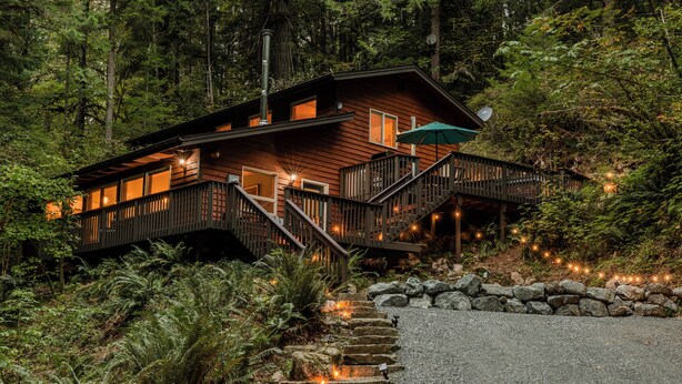 A wooden cabin with a stone pathway leading to a wooden deck, surrounded by dense forest.