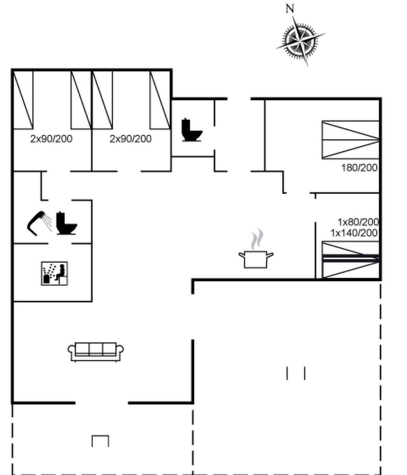 A floor plan with a kitchen, two bathrooms, a living room, and a dining area.