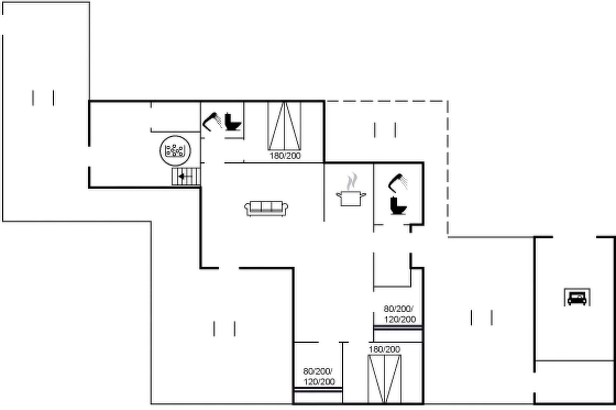 A floor plan with a living room, kitchen, and two bedrooms.