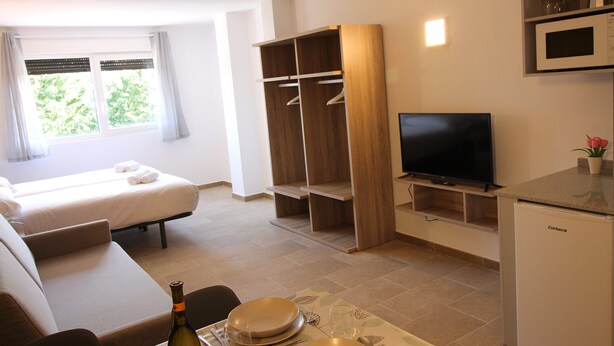 A hotel room with a bed, a sofa, a dining table set with plates and glasses, a television, a wardrobe, and a microwave. - Apartamentos Pontepedriña by Bossh (Santiago de Compostela)