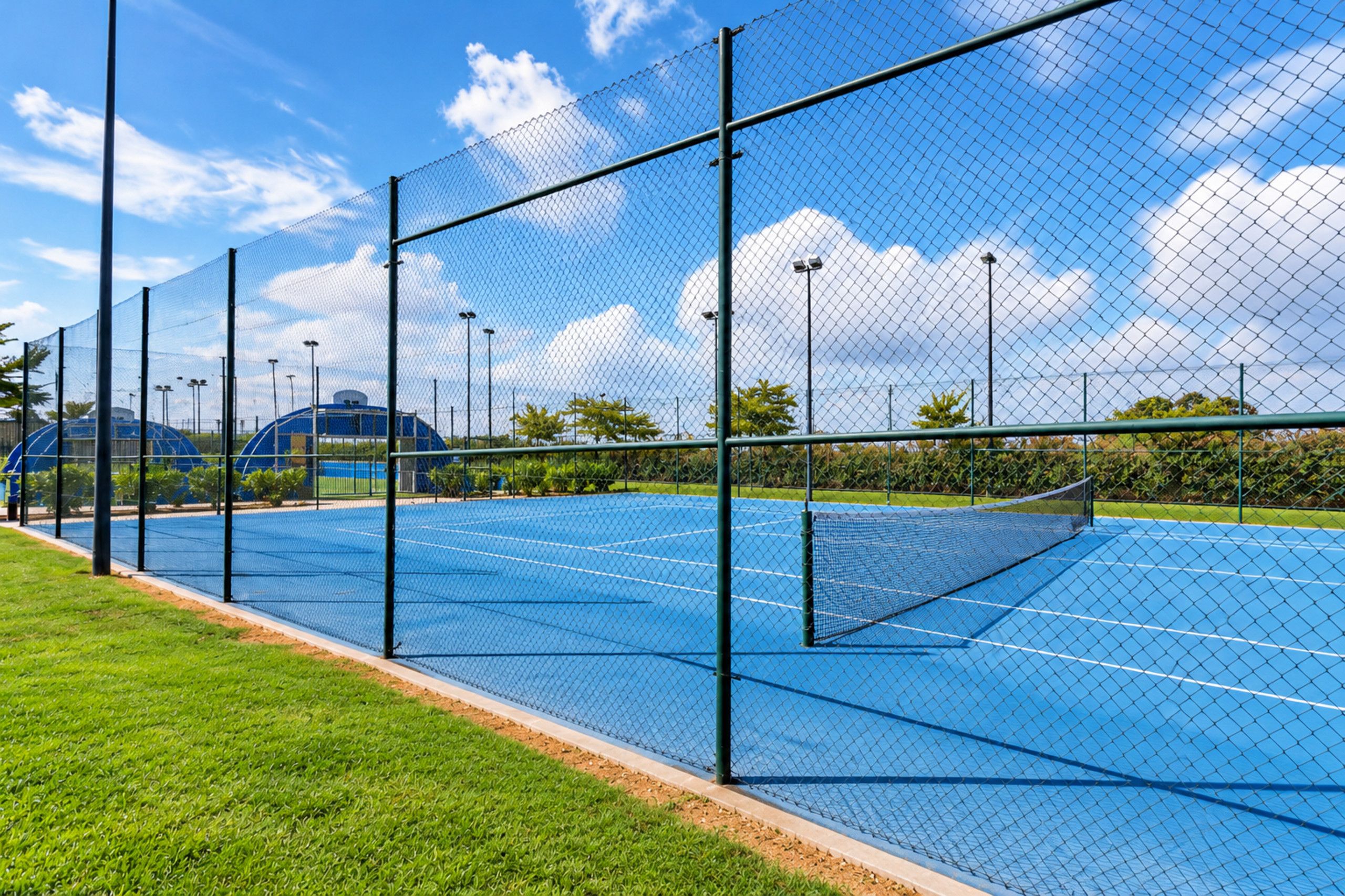 Een tennisbaan met een hek van gaas, omgeven door gras en bomen.