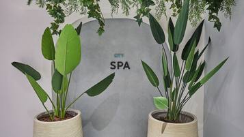 Kaksi ruukussa olevaa kasvia, joilla on suuret, vihreät lehdet, seinän edessä. Seinässä näkyy teksti ”CITY SPA”.