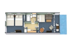 Interni di una barca con cucina, zona pranzo, due camere da letto e un bagno.
