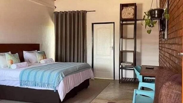 Een slaapkamer met een bed, een bureau, een stoel, een plank met planten en een deur.