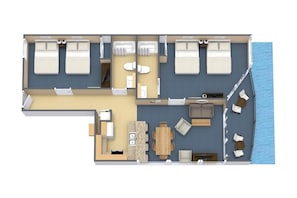 Une suite comprenant deux chambres, un balcon, une kitchenette, un coin repas et une salle de bain.