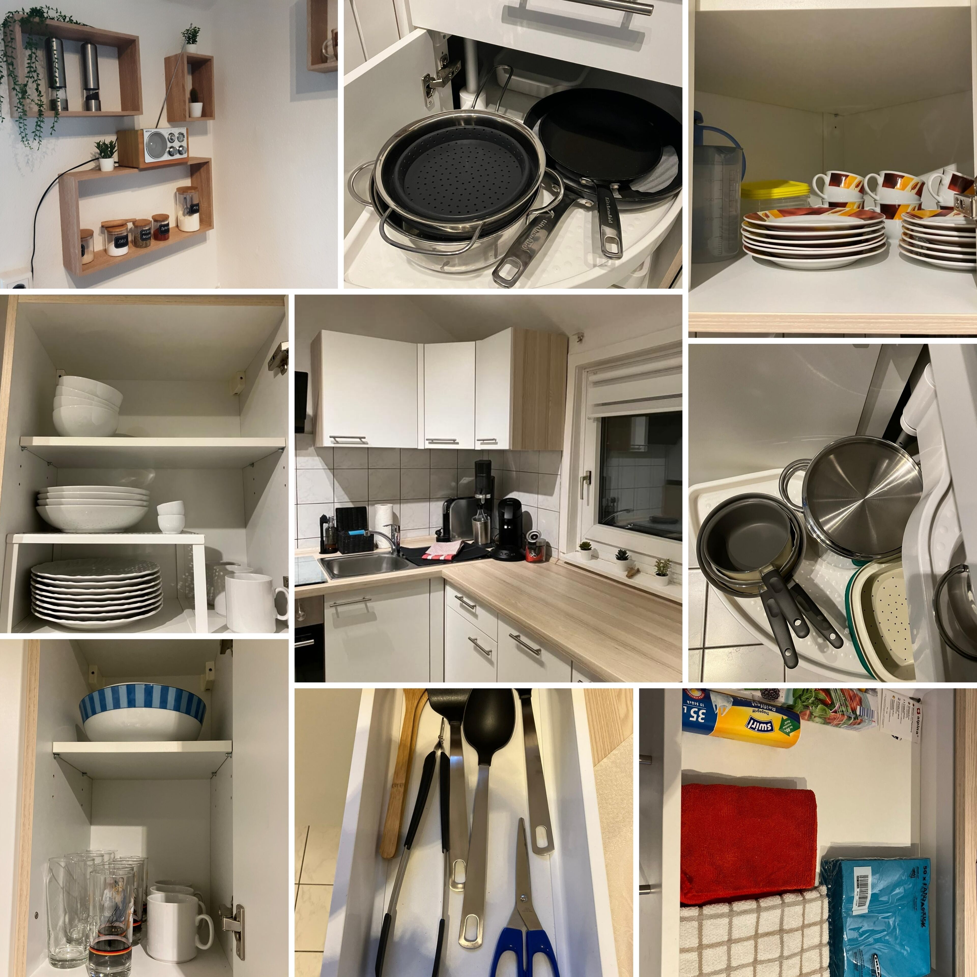 Wasserkocher mit Kaffee-/Teezubehör, Kühlschrank, Ofen, Herdplatte
