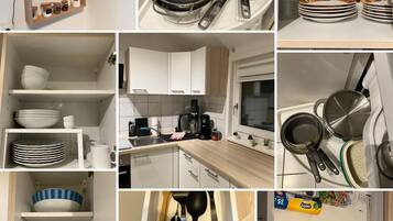 Wasserkocher mit Kaffee-/Teezubehör, Kühlschrank, Ofen, Herdplatte