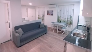 Un espace de vie compact comprenant un canapé, une table à manger, des chaises, un coin cuisine avec un évier et une fenêtre avec des rideaux.