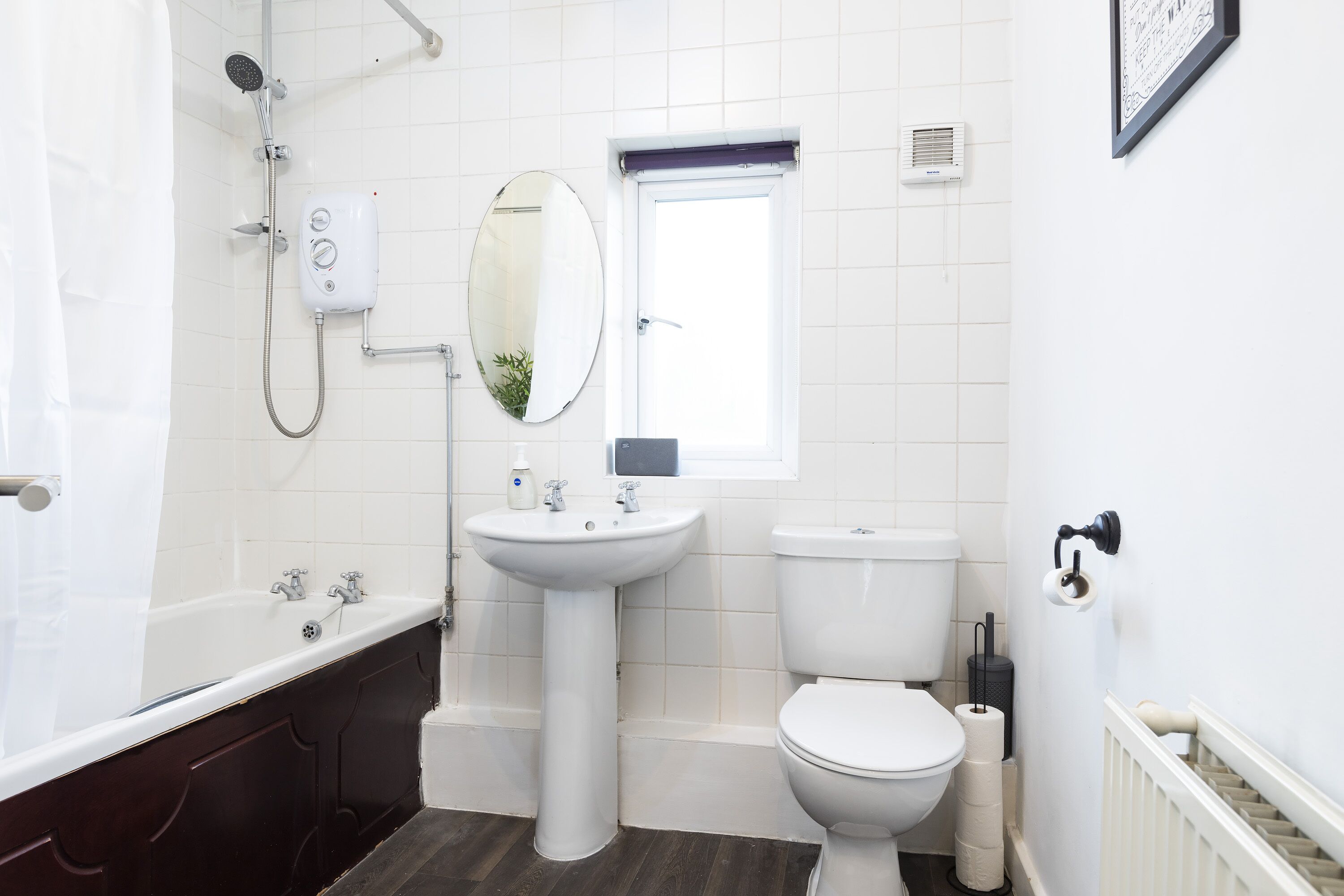 Hair dryer, towels, soap, shampoo