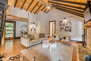 TV, fireplace, books, offices