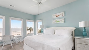 Une chambre avec un grand lit, du linge de lit blanc, une table de chevet avec une lampe, une chaise et deux fenêtres donnant sur la plage.