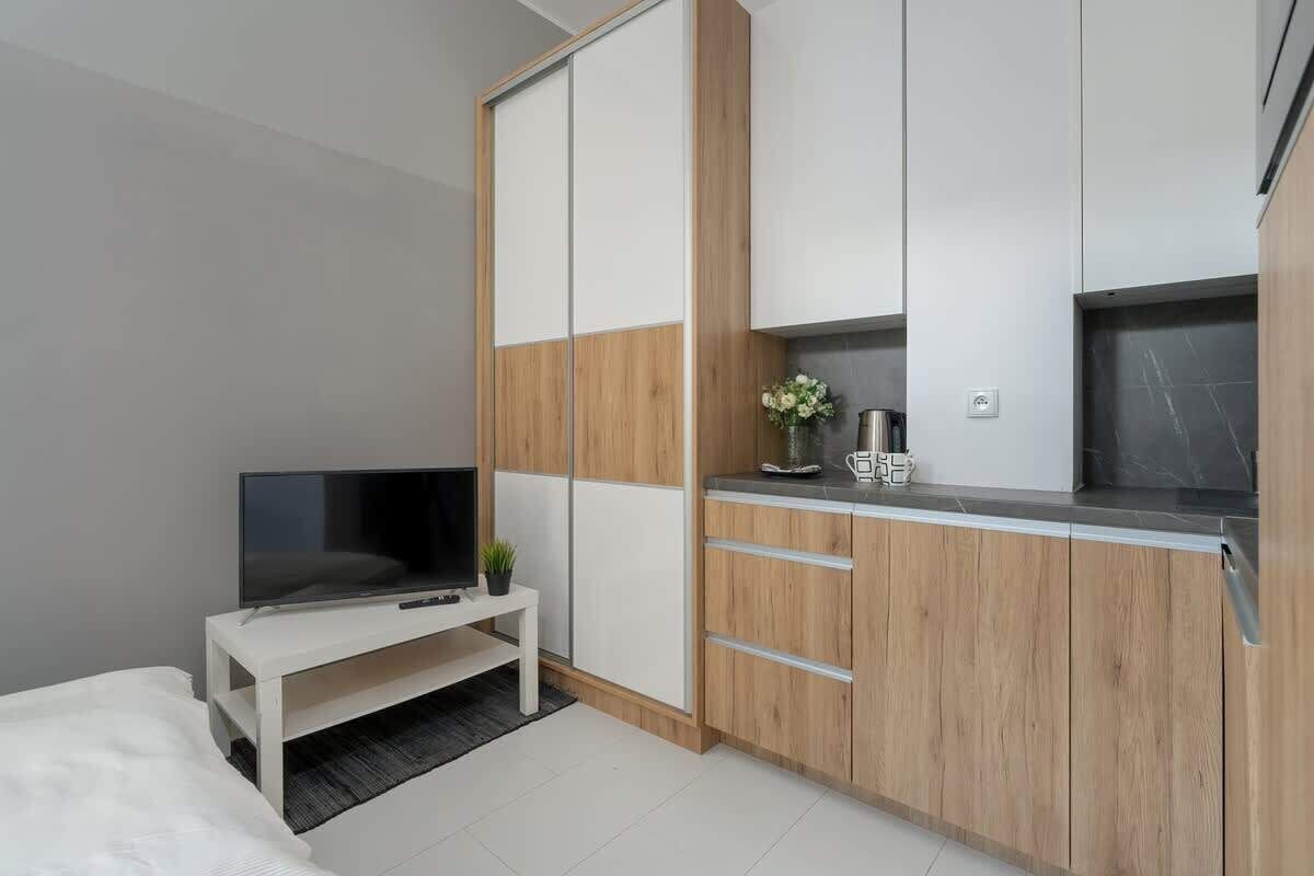 A modern hotel room with a bed, a TV on a white stand, a small table with a plant, and a kitchenette with wooden cabinets and a marble countertop.