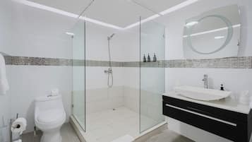 A modern bathroom with a glass-enclosed shower, a white toilet, and a black vanity with a mirror.