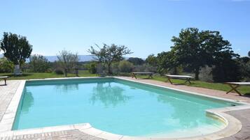Seasonal outdoor pool, pool umbrellas