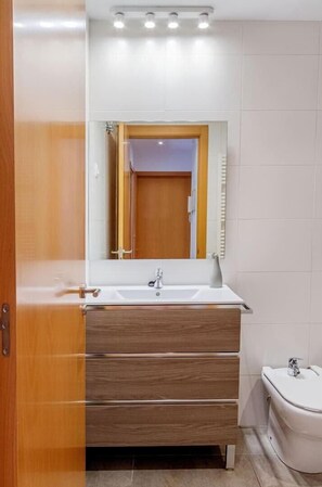 Shower, hair dryer, bidet, towels