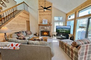 Smart TV, fireplace, DVD player, foosball