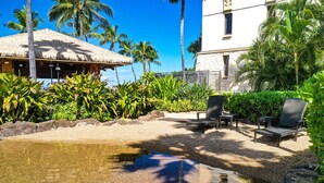 Un complexe hôtelier tropical doté de bungalows aux toits de chaume, de palmiers et d’un espace piscine avec des chaises longues.