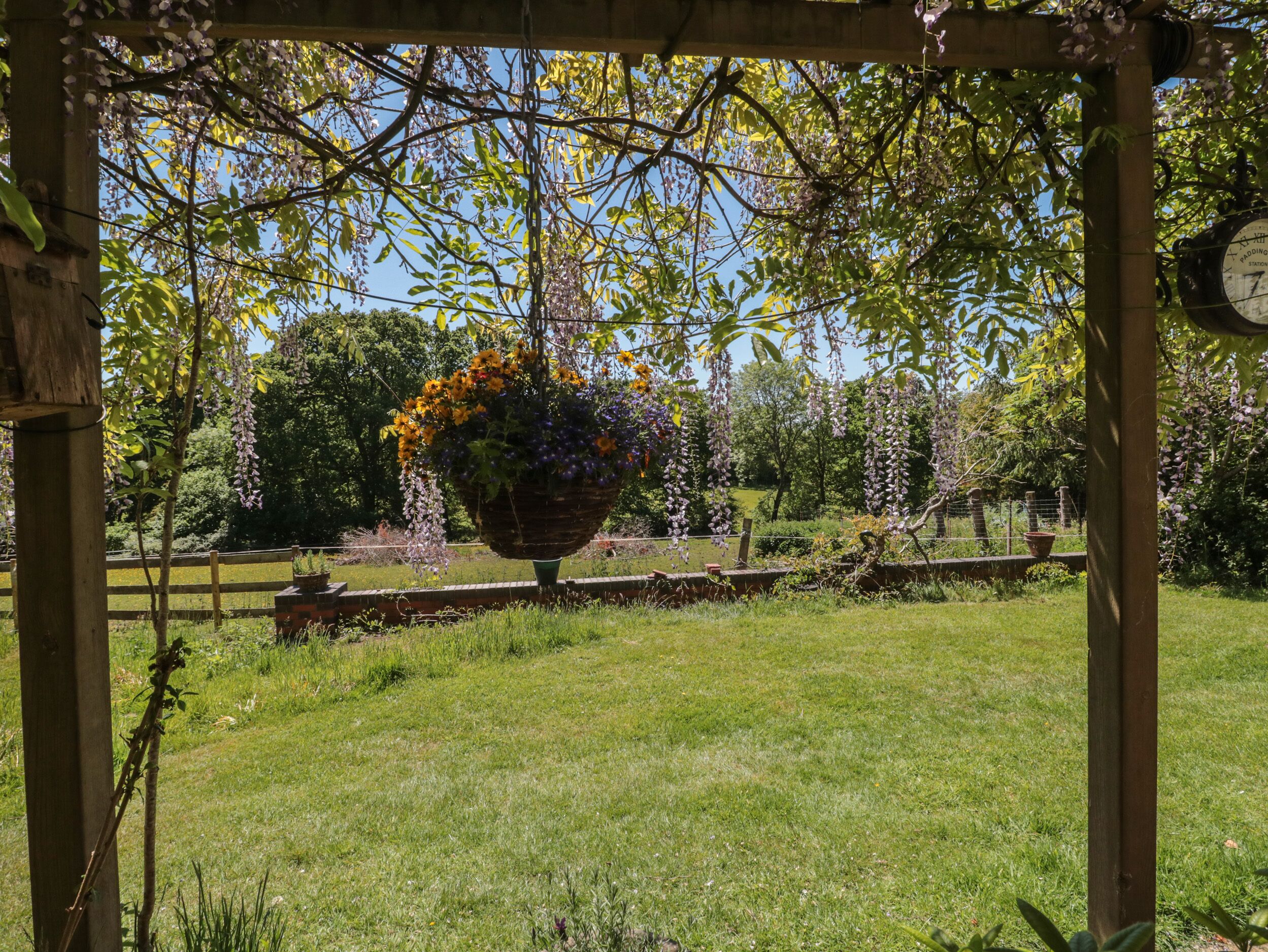 Un jardin agrémenté d’une pergola en bois, d’une jardinière suspendue et d’une horloge fixée sur un poteau.