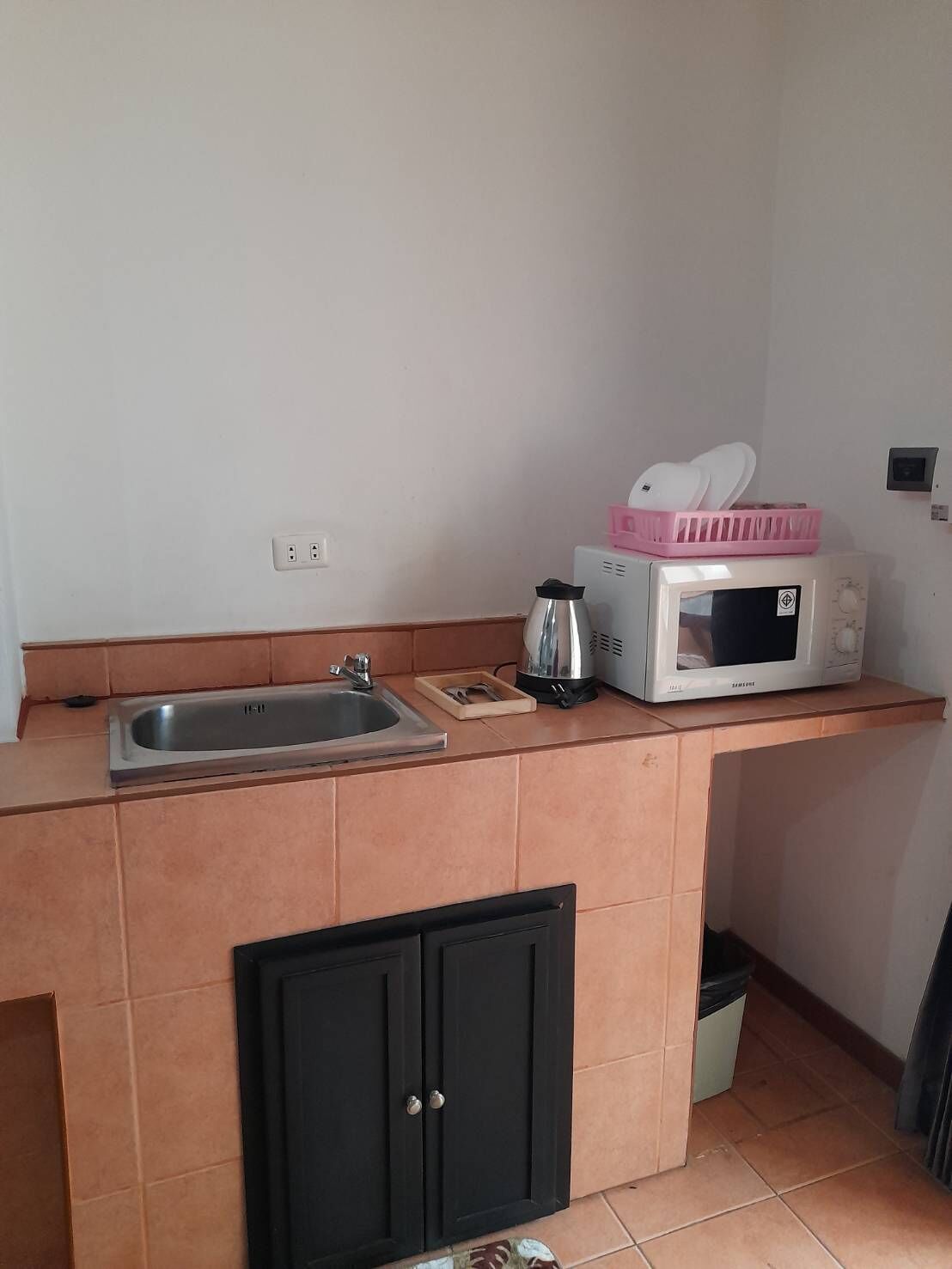 A kitchen with a stainless steel sink, a microwave, and a small cabinet.