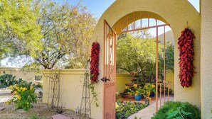 Un jardin avec un mur jaune, une porte en bois et des piments rouges suspendus.