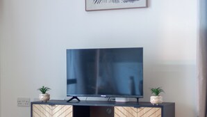 A modern living room with a flat-screen TV on a black TV stand, two small potted plants, and a geometric wall art piece. - The Lewisham Collection (London)