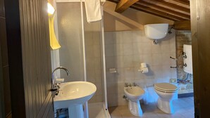 A modern bathroom with a shower, sink, bidet, and toilet. - Attic Room with Private Bathroom in a Historic Villa Farmstay (Marche)