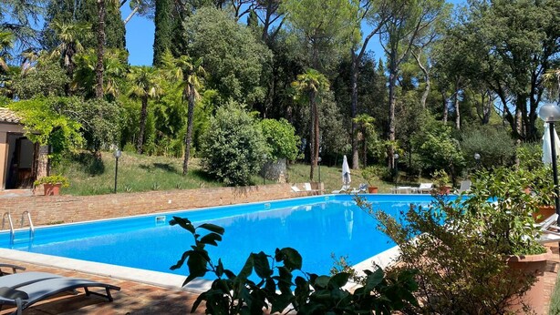 A swimming pool surrounded by lush greenery and trees. - Attic Room with Private Bathroom in a Historic Villa Farmstay (Marche)