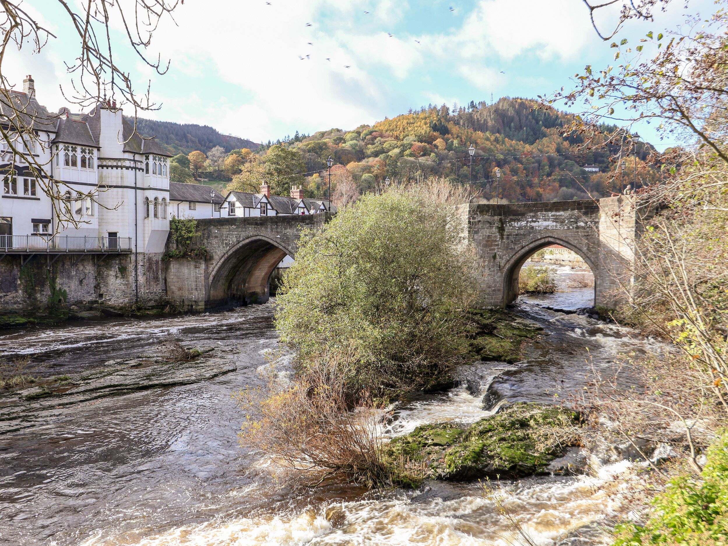 A stone bridge over a flowing river, surrounded by trees and buildings.