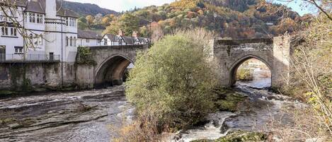 A stone bridge over a flowing river, surrounded by trees and buildings.