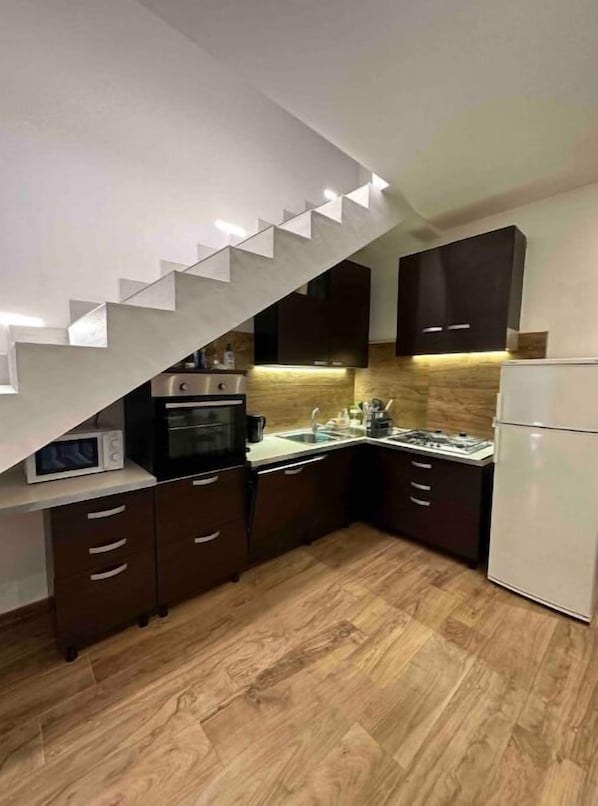 Fridge, microwave, oven, stovetop