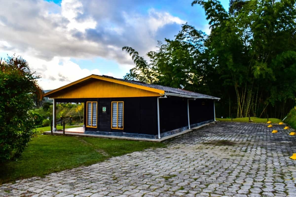 A building with a black exterior and yellow roof, a covered porch, and a paved driveway.