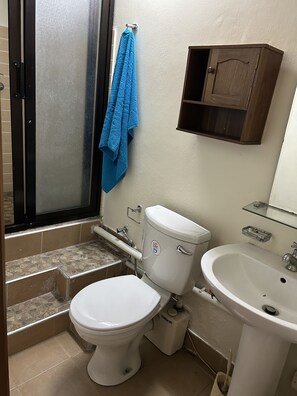 Bathroom features a toilet, sink, and shower area, with a towel rack and storage cabinet.